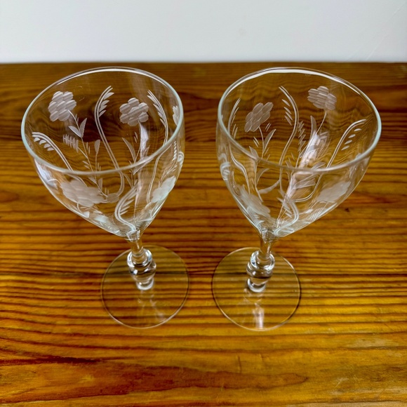 Vintage Etched Crystal Wine Glasses | Floral Cut Stemware | Set of 2 - Picture 3 of 11